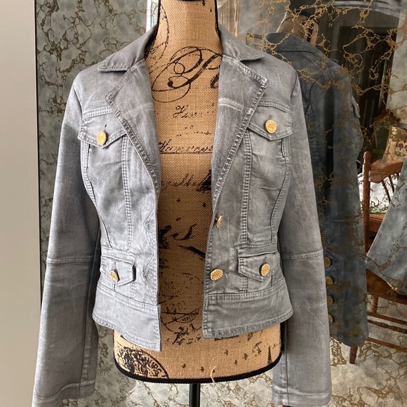 Kenneth Jay Lane Light Gray Denim Jacket with Gold Accents - Picture 1 of 7